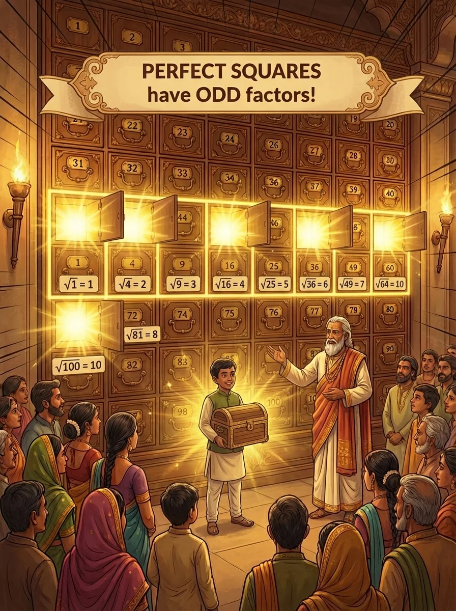 Triumphant finale scene: The 10 winning lockers (numbered 1,4,9,16,25,36,49,64,81,100) are open and glowing with golden light, arranged in a highlighted row. Below each number, show its square root: √1=1, √4=2, √9=3, √16=4, √25=5, √36=6, √49=7, √64=8, √81=9, √100=10. Young Khoisnam stands victoriously in front of the lockers with the treasure. The other relatives look amazed. Text banner: 'PERFECT SQUARES have ODD factors!' Art style: Celebratory illustration with golden lighting effects, mathematical annotations, triumphant mood.